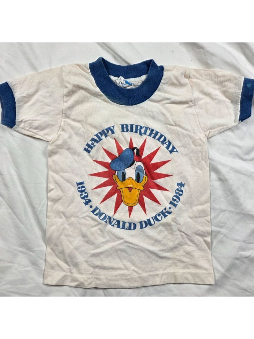 Walt Disney Donald Duck Vintage 50th Birthday Ringer Tee Kids Small White Blue